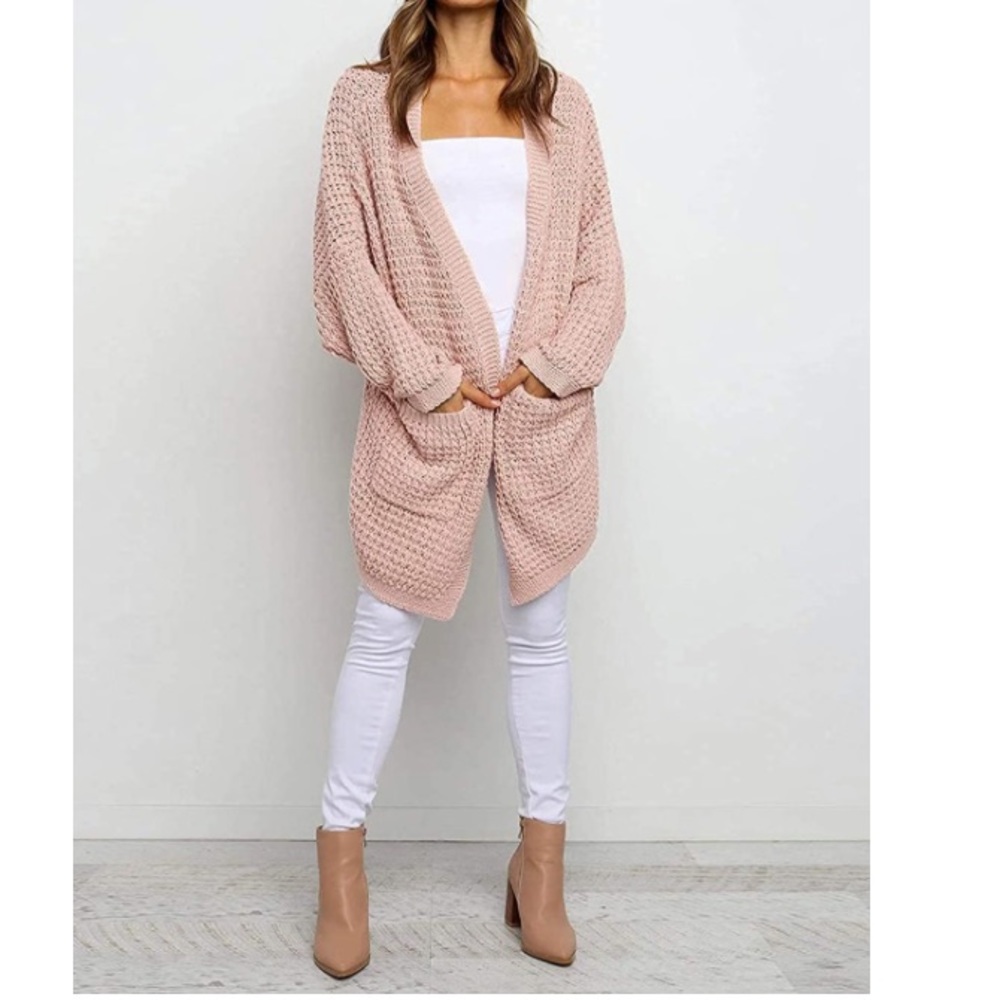 Oversized Long Batwing Sleeve Cardigan Waffle Knit Sweater Blush Pink - Picture 3 of 6